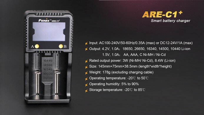 Fenix - lader voor 2 x 18650, 26650, 16340, 14500, 10440, NiMH AA, AAA en C