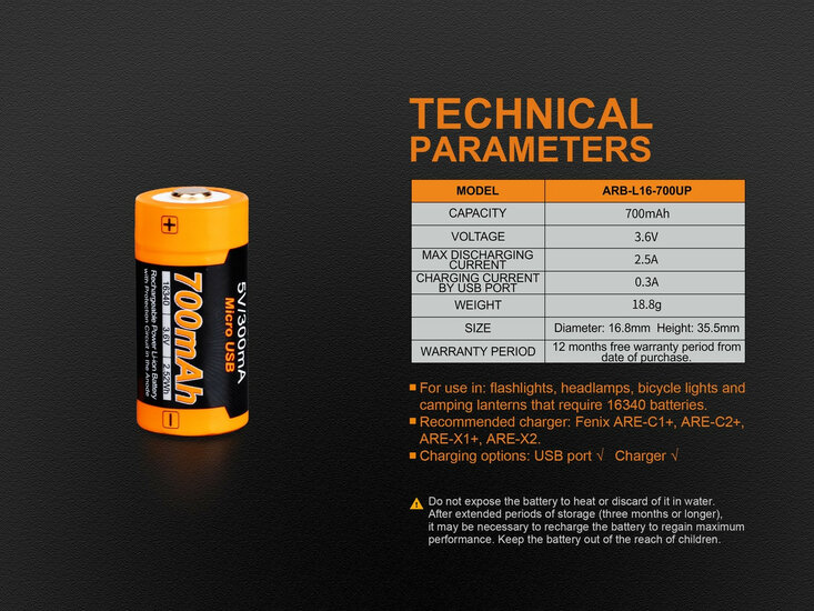 Fenix ARB-L16-700UP 16340 accu, 700 mAh Li-Ion