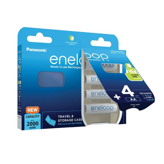 Eneloop AA 2000mAh 4 stuks in blauwe batterij houder