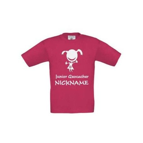 Junior Geocacher kids T-shirt with name (pink)